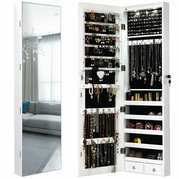 Wall and Door Mounted Mirrored Jewelry Cabinet with Lights-White - Color: White D681-HW59104WH