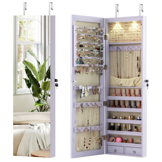 Wall and Door Mounted Mirrored Jewelry Cabinet with Lights-Purple - Color: Purple D681-JV11889PU