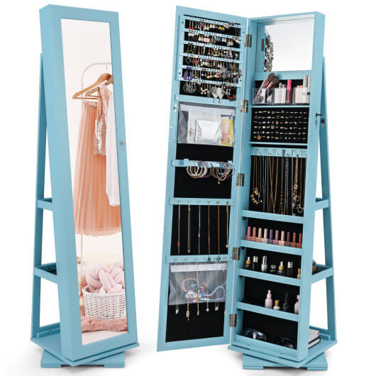360?° Rotatable 2-in-1 Lockable Jewelry Cabinet with Full-Length Mirror-Blue - Color: Blue D681-HW64483LU
