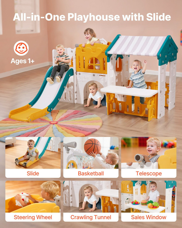Outdoor Playhouse, Versatile Toddler Playground with Slide, Basketball, Telescope, Steering Wheel,  E415-SLKXWJCSL23MS6OXB001V0