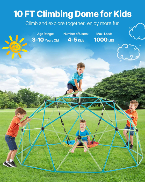 Climbing Dome, 10FT Geometric Dome Climber with Saucer Swing, 1000LBS Loading Kid's Jungle Gym Play E415-JHPDZJ10FTDXRXI22001V0