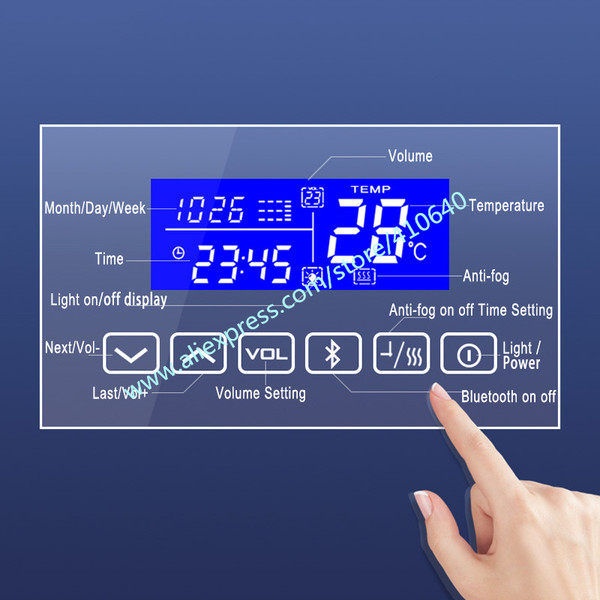 Trumsense K3015CBH Mirror Clock Temperature Date Display with Anti-Fog Touch Six Button Mirror Blue F640-3256806984559201