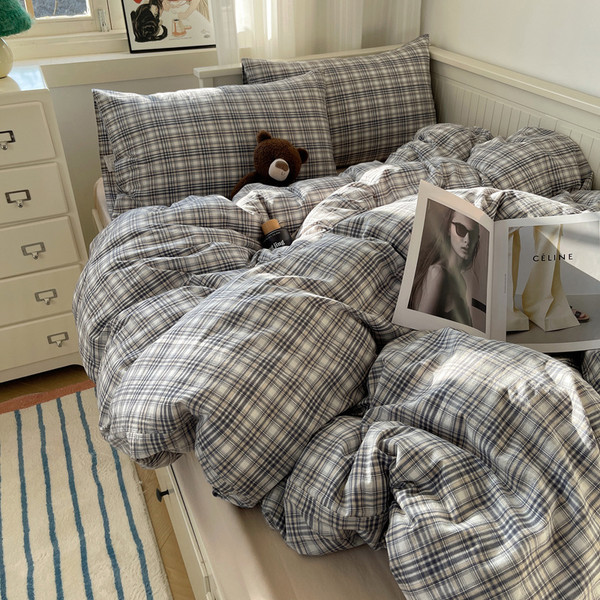 Pattern: Berlin Gray Grid, Size Specification: 1.5M Fitted Sheet - Spring Japanese Style Plaid Cott Q119-CJCS234261705EV