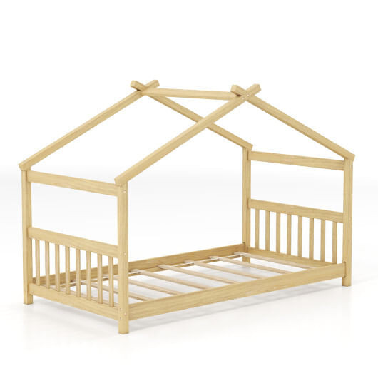 Twin Size Wooden House Bed with Roof-Natural - Color: Natural D681-HU10483NA-T
