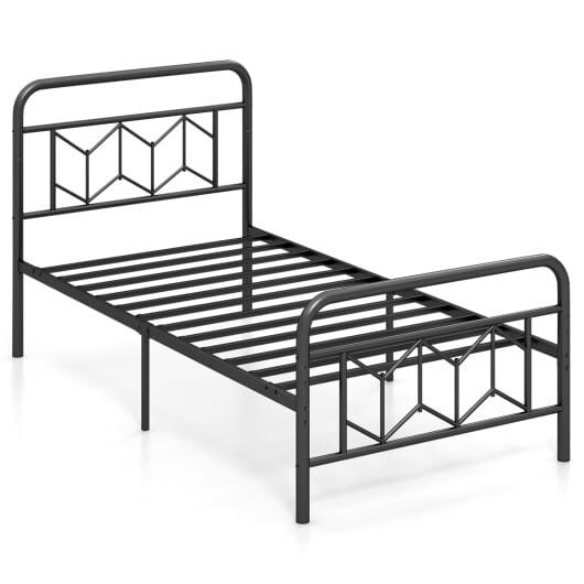 Platform Bed with High Headboard and Snap Lock Metal Slats-Twin Size - Color: Black - Size: Twin Si D681-HU10839DK-T