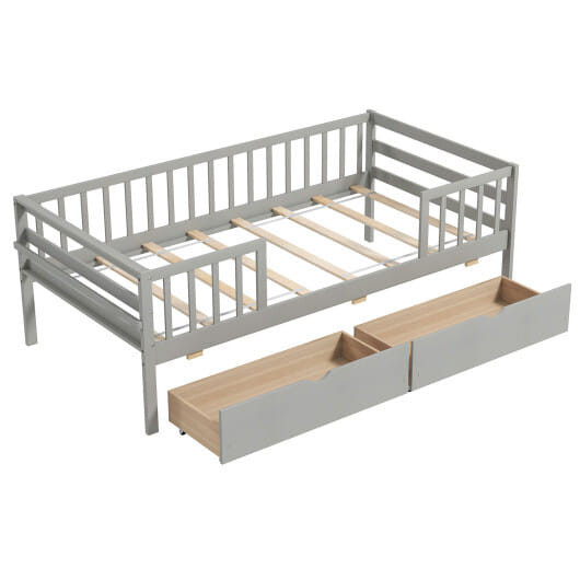 Twin Daybed with Fence and 2 Drawers Kids Bed for Boys & Girls-Gray - Color: Gray - Size: Twin Size D681-HU10752GR