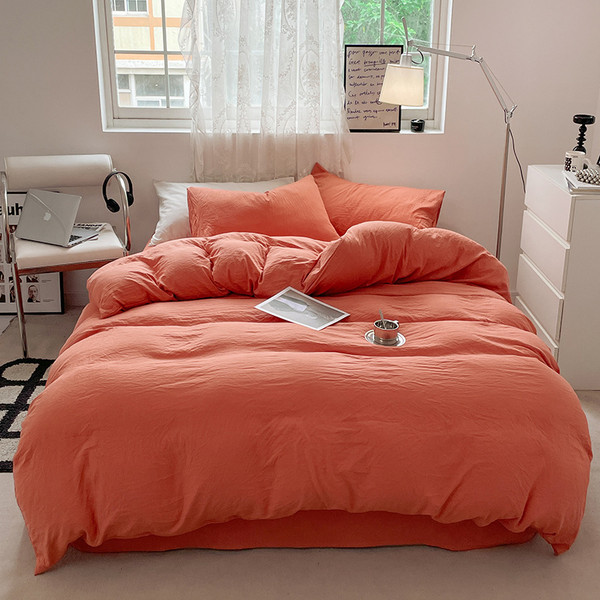 Color: Romantic Orange, Size: 1.8m 4PCs Quilt Cover 180x220 - Solid Color Super Soft Washed Cotton  Q119-CJCS244183148VE