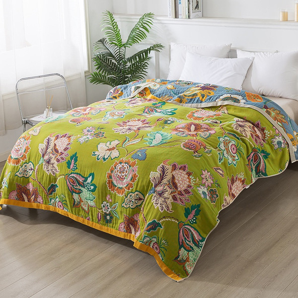Pattern: Flower Color Green, Size Specification: 200x230cm - Layer Gauze Towel Blanket Pure Cotton  Q119-CJYD253255202BY