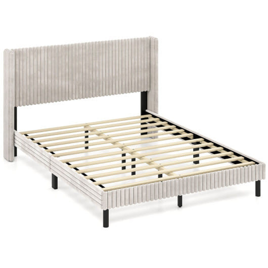Queen Size Velvet Bed Frame with Vertical Channel Tufted Wingback Headboard-White - Color: White D681-HU11138WH