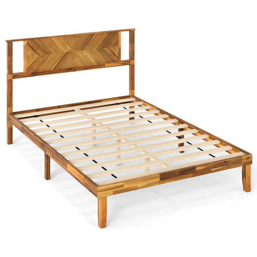 Twin/Full/Queen Size Bed Frame Mid-Century Acacia Wood Platform Bed with Headboard-Full Size - Size D681-HU10981NA-F