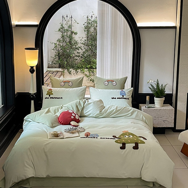 Pattern: E, Dimensions: 1.8m Bed 4pc - Cartoon Cute Style Cotton Sanding Duvet Cover Bed Sheet Bedd Q119-CJCS193840729CX