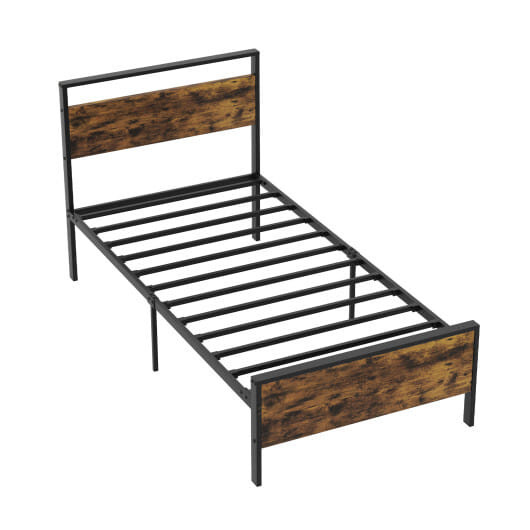 Twin Metal Bed Frame Industrial Platform Bed with Wooden Headboard-Twin Size - Color: Rustic Brown  D681-HU10838CF-T