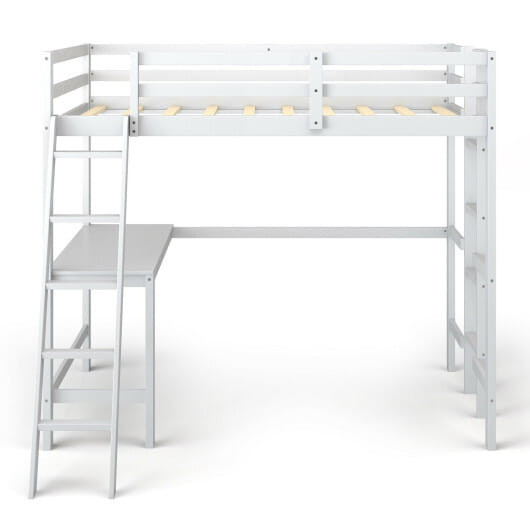 Twin Size Loft Bed Frame with Desk Angled and Built-in Ladder-White - Color: White - Size: Twin Size D681-HY10012WH+