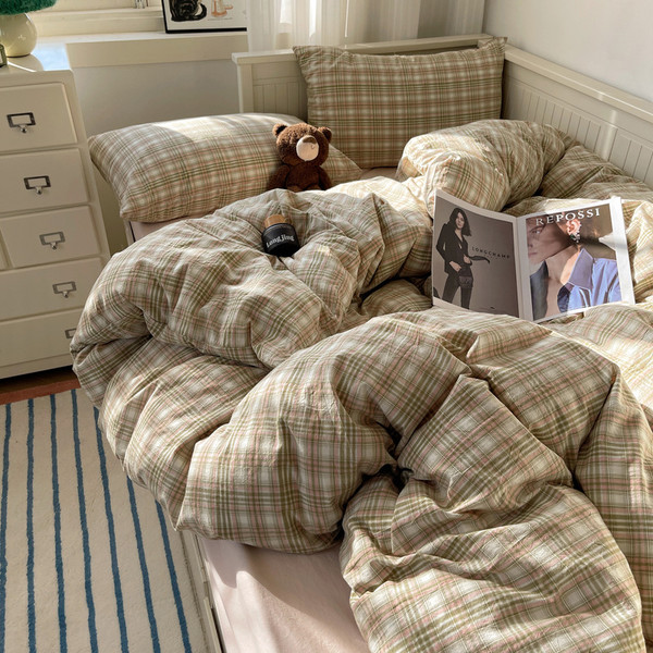 Pattern: Cologne Green Grid, Size Specification: 1.5M Flat Sheet - Spring Japanese Style Plaid Cott Q119-CJCS234261714NM