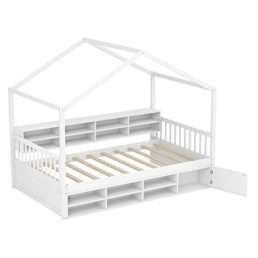Twin Size House Bed with Roof with 14 Storage Cubes and Enclosed Cabinet-White - Color: White D681-HU10937WHT+