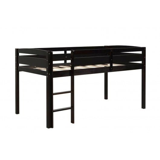 Wooden Twin Low Loft Bunk Bed with Guard Rail and Ladder-Dark Brown - Color: Dark Brown - Size: Twi D681-HW66935ES