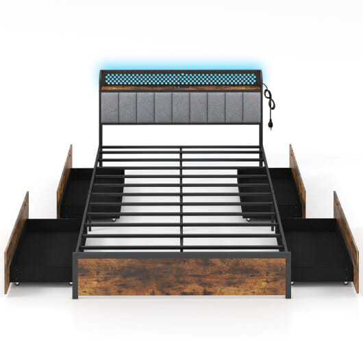 Twin/Full/Queen Bed Frame with LED Lights  Upholstered Headboard and 4 Storage Drawers-Queen Size - D681-HU10738GR-Q
