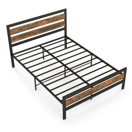 Full/Queen Industrial Bed Frame with Rustic Headboard and Footboard-Full Size - Color: Rustic Brown D681-HU10461DK-F