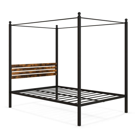 Queen Size Canopy Bed Frame with Under Bed Storage-Full Size - Color: Rustic Brown - Size: Full Size D681-HU10588CF-F