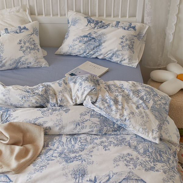 Color: Blue, Bedding Size: 0.9M 3Pcs set-Flat sheet, style:  - Retro Sketch Ink Painting Cotton Bed Q119-CJCS157805009IR