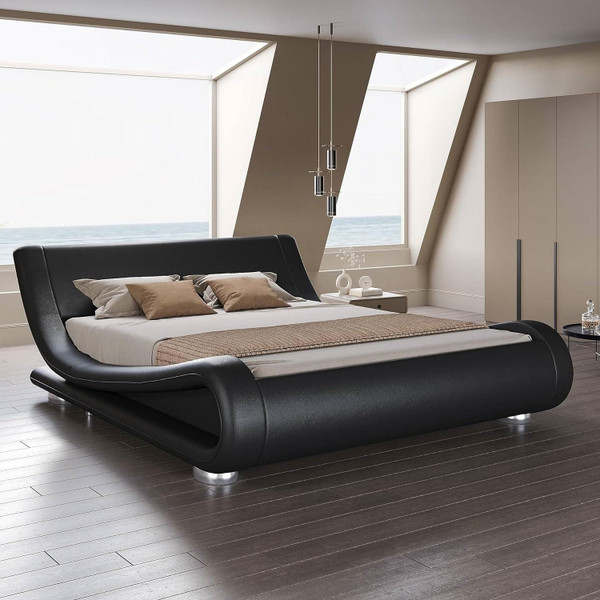 Queen Modern Black Upholstered Platform Bed Frame with Sleigh Curved Headboard Q280-QBLSCLUB26958713