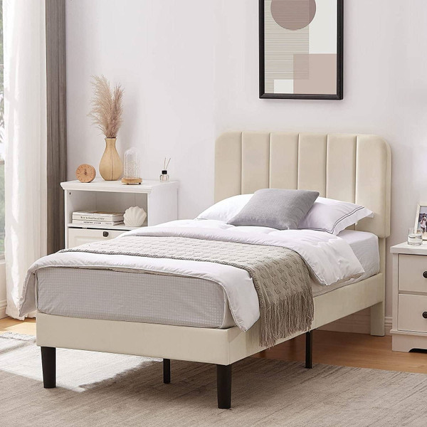 Twin size Beige Upholstered Platform Bed Frame with Headboard Q280-TWBGVUPB1392581