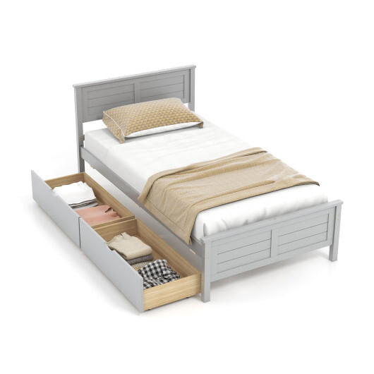 Twin Size Bed Frame with Storage Drawers-Gray - Color: Gray - Size: Twin Size D681-HU10561GR-T