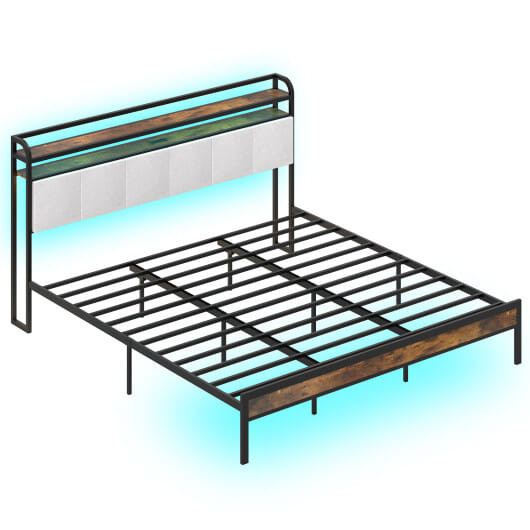 Twin/Full/Queen/King Size Bed Frame with LED Light and Charging Station-King Size - Color: Gray - S D681-HU10816GRK+