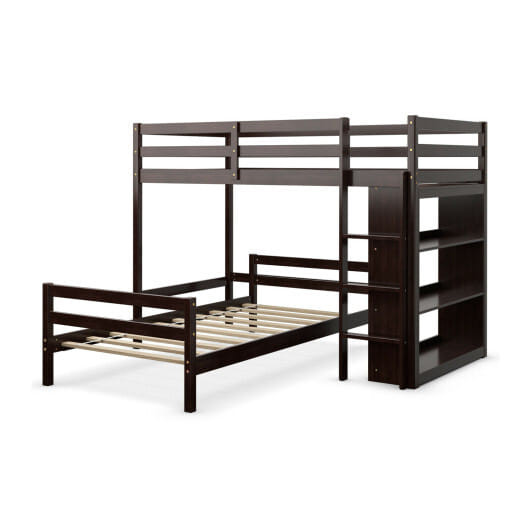 Twin Over Twin Loft Bunk Bed with Bookcase-Dark Brown - Color: Dark Brown D681-HU10042ES+
