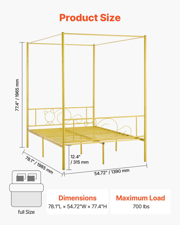 Full Size Canopy Bed Frame, Metal Canopy Bed with Minimalist Headboard & Four Posters Design, Heavy E415-HGCJSYGFULLJVU2HR001V0