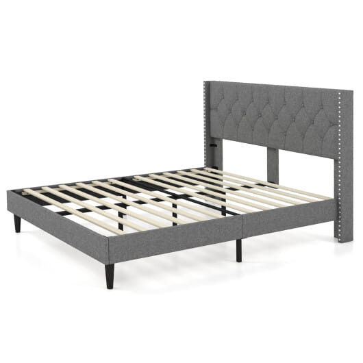 Full/Queen Size Upholstered Platform Bed with Button Tufted Headboard-Queen Size - Color: Gray - Si D681-HU10386GR-Q