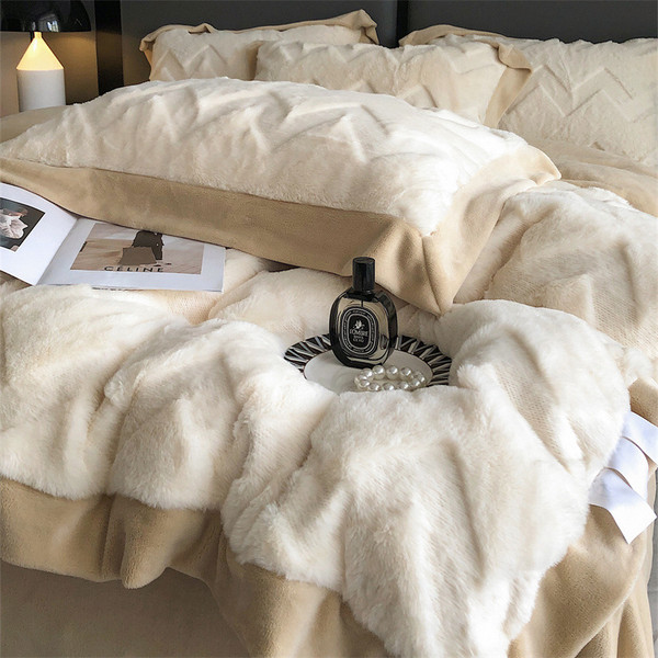 Color: White, Bedding Size: 1.5M fitted sheet - A Four Piece Set Of Rabbit Hair And Milk Velvet Duv Q119-CJCS192615224XC