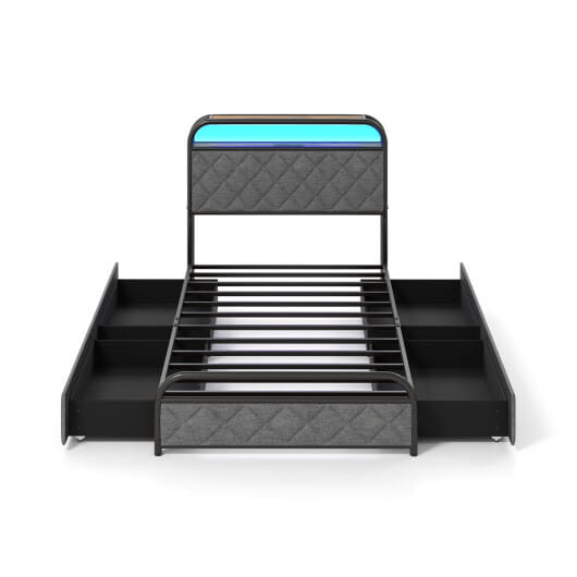 Twin/Full/Queen Size Bed Frame with LED Lights and Charging Station-Twin Size - Color: Black - Size D681-HU10931DK-T