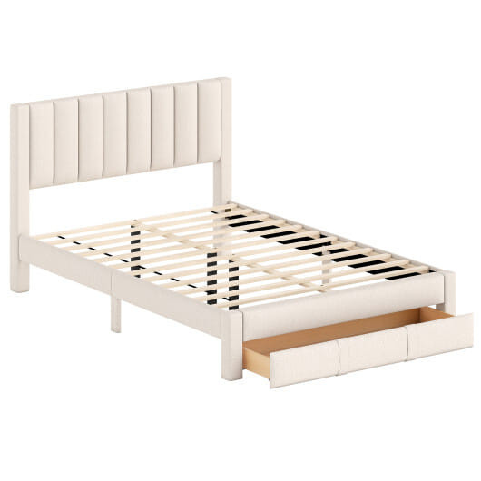 Queen Size Bed Frame with Storage Drawer and Vertical Channel Headboard-Beige - Color: Beige - Size D681-HU11285BE-Q