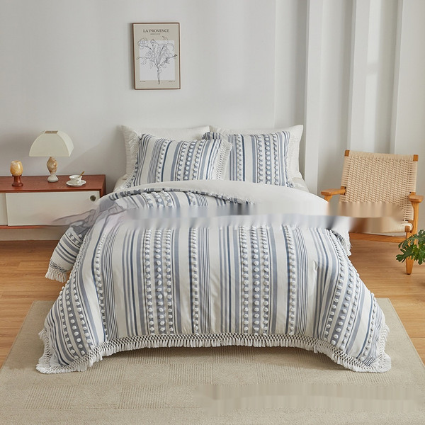 Color: Blue, Size: 228x228cm - Bedding Craft Solid Color Campus Zaihuile Tassel Dot Three-piece Set Q119-CJYD244639431EV