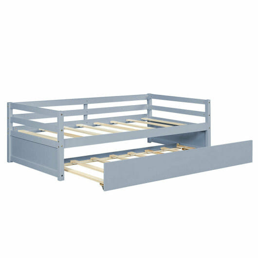 Twin Size Trundle Platform Bed Frame with  Wooden Slat Support-Gray - Color: Gray D681-HW64316GY