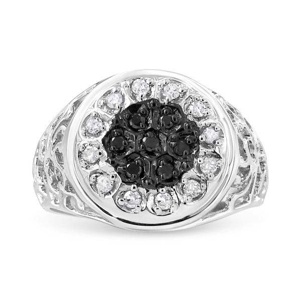 .925 Sterling Silver 1/4 Cttw White and Black Treated Diamond Halo Cluster Ring for Men (I-J Color, N162-019649R110