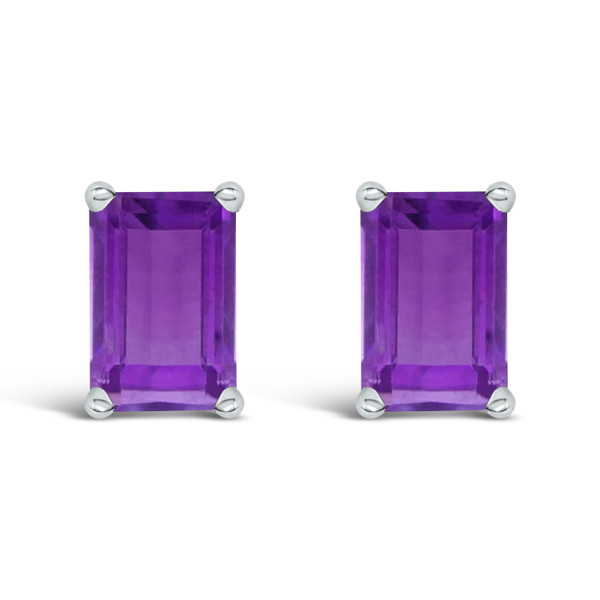 14K White Gold 6x4MM Emerald Shaped Amethyst Solitaire Stud Earrings N162-023651ES19