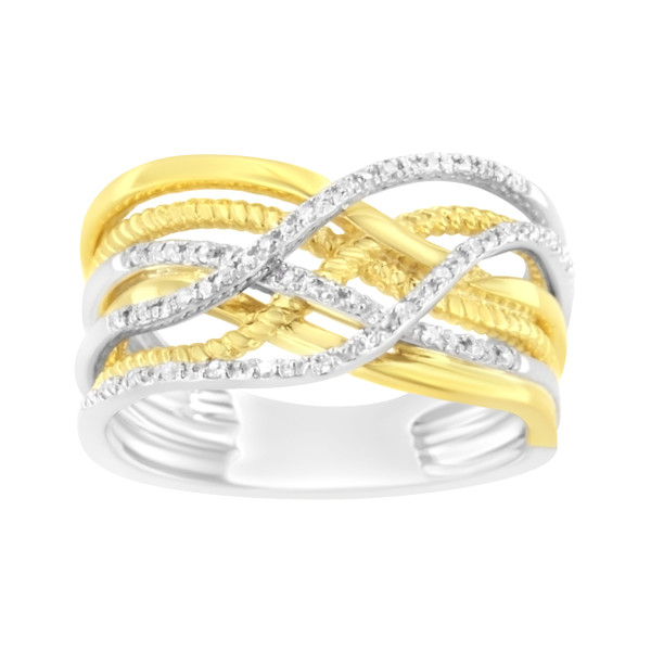 10K Yellow Gold Plated .925 Sterling Silver 1/10 Cttw Diamond Multi Row Crossover Ring Band (I-J Co N162-018549R600