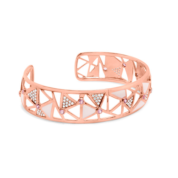 14K Rose Gold 5/8 Cttw Diamond with Pink Tourmaline Open Cuff Bangle with White Enamel (G-H Color,  N162-017417BANT