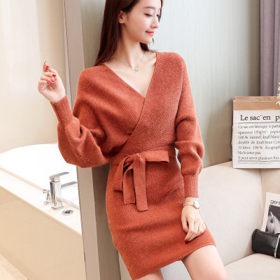 2021 autumn new bag hip dress women's large sweater long section V-neck lace sweater skirt winter Q119-CJNSSYLY00803