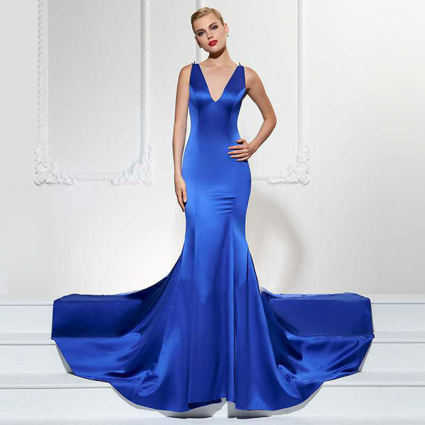 Color: blue, Size: S - European and American explosions solid color large pendulum deep V dress dre Q119-CJNSSYLY01613-blue-S