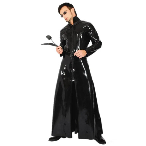 Color: black, Size: XL - Unisex Black Shiny PVC Faux Leather Long Coat Matrix Neo Men Women Gothic  F640-12000035094911061