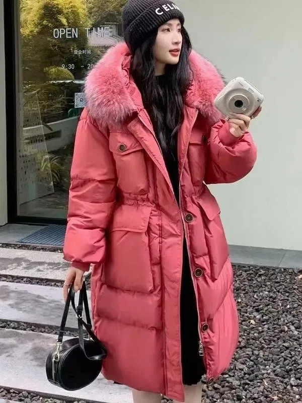 Color: RHODO, Size: M - Down Jacket Women Waterproof Winter Long Puffer Jacket 2024 Real Raccoon Fu F640-12000040017252127