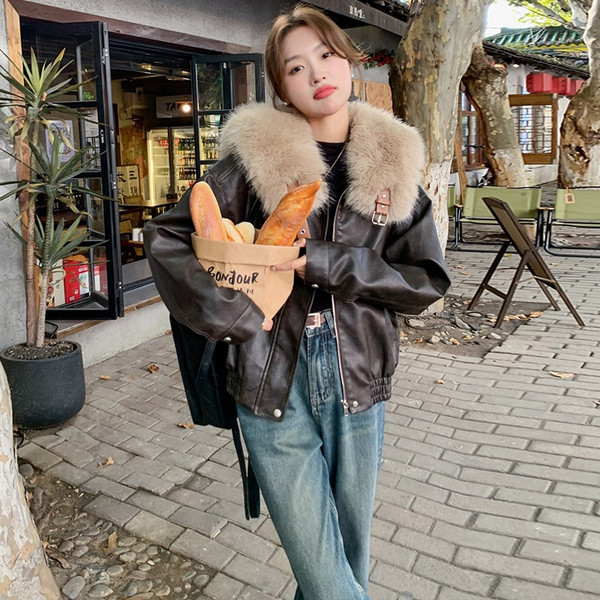 Real Shot Brown Rabbit Fur Liner Leather Jacket Q119-CJJK2005367