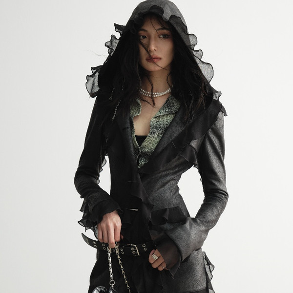 Dalian Hat Suede Slim-fit Thin Ruffled Overlong Coat Q119-CJLY2223813