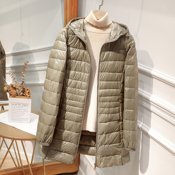 Color: Champagne, Size: 2XL - Down Jacket Women's Mid-length Hooded Slim Fit Light Coat Q119-CJYD246743813MN