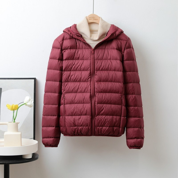 Color: Wine Red Hooded, Size: S - Lightweight Down Jacket Women's Short Stand Collar Hooded Q119-CJYD227089471SH