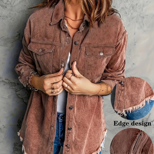 Color: Coffee, Size: S - European And American Style Women Retro Washed Denim Jacket Casual With Hem Q119-CJYD244443408HS