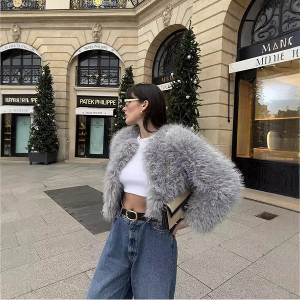 Wool Light Gray Round Neck French Artificial Fur Short Coat Q119-CJYD2238257